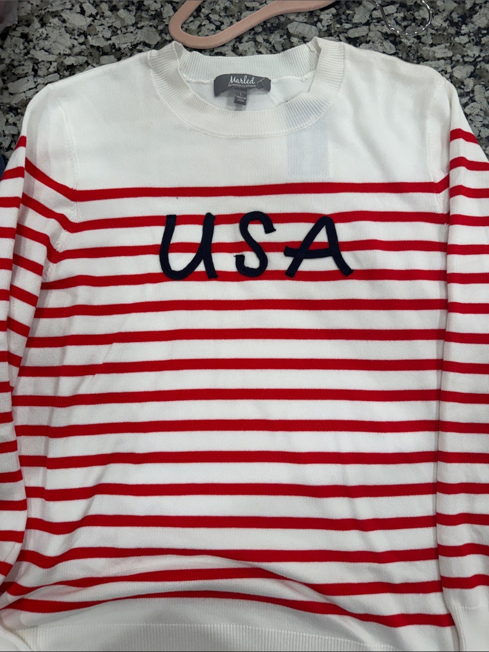 Marled Red & White Striped USA Crewneck Sweater
